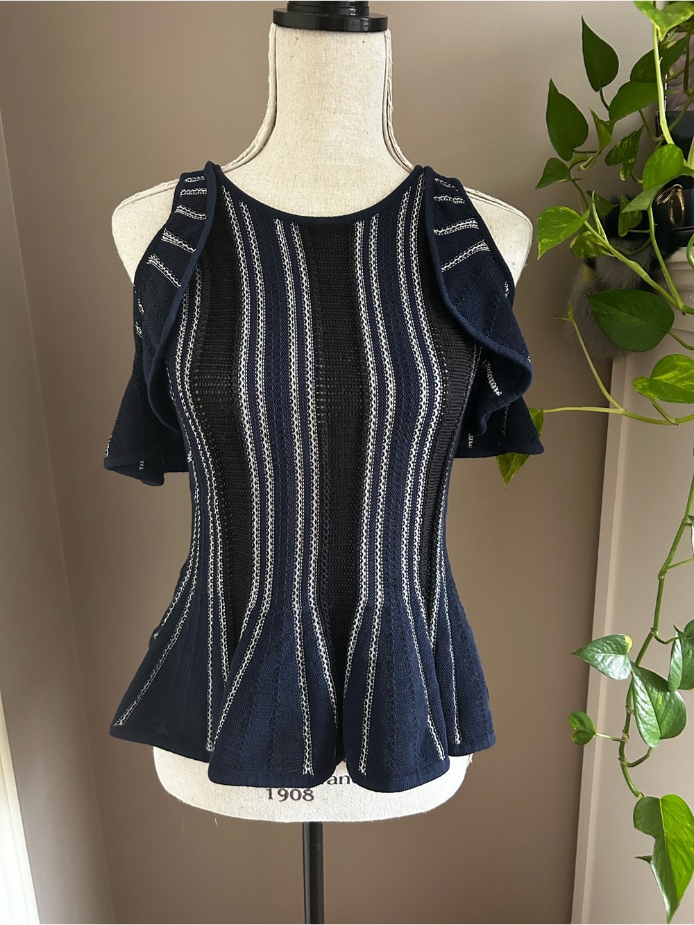 Jonathan Simkhai Navy Striped Cold-Shoulder Knit Top